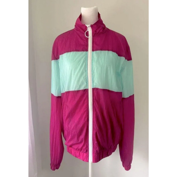 American Apparel Track Jacket Size S Full Zip Windbreaker Fuchsia & Aqua Nylon - Picture 1 of 6
